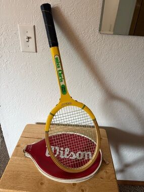 Vintage Wilson Chris Evert Yellow and Green Classic Wooden Tennis Racket and cov